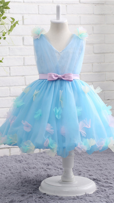 Gorgeous A-line Blue Flower Girl Dresses V Neck Embossed Tulle Short Gown LFNGA003