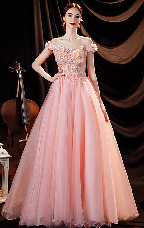 Dreamy A-line Pink Evening Gowns Off the Shoulder Tulle Long Formal Dress LFNC0377