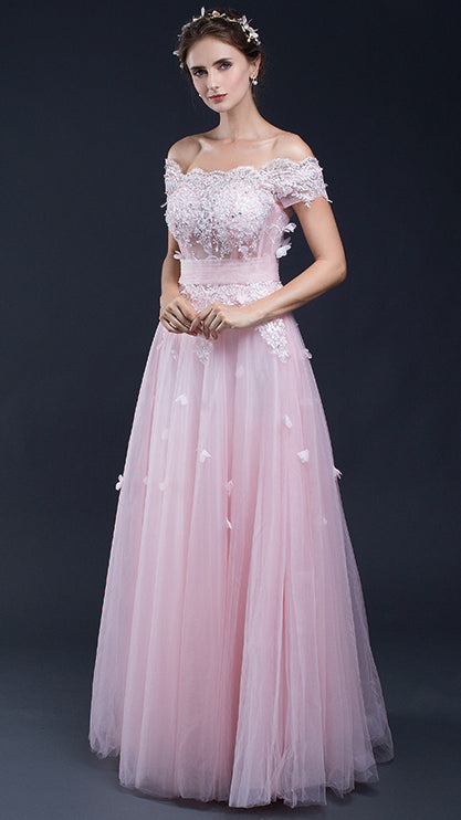 Gorgeous A-line Pink Evening Gowns Off the Shoulder Lace&Horsehair Long Formal Dress LFNL0609