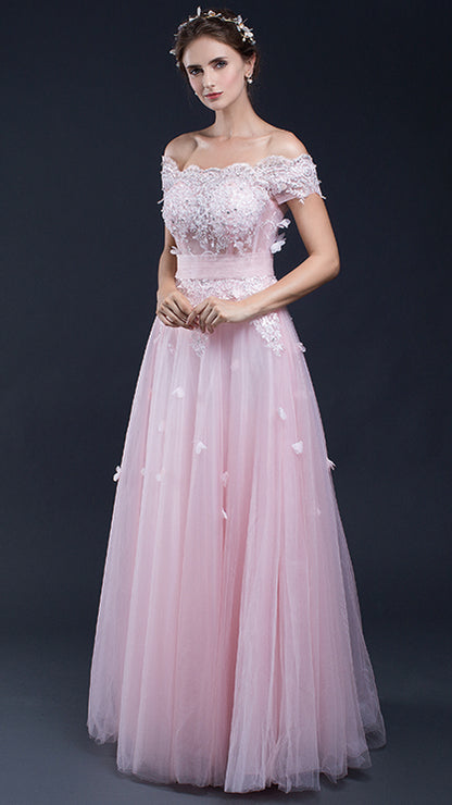 Gorgeous A-line Pink Evening Gowns Off the Shoulder Lace&Horsehair Long Formal Dress LFNL0609