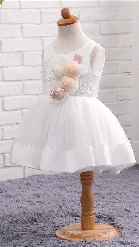 Regal A-line White Flower Girl Dresses Round Neck Tulle & Satin Short Gown LFNGA009