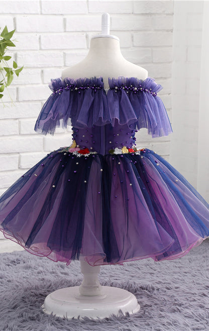 Dainty A-line Purple Flower Girl Dresses Off Shoulder Tulle Short Gown LFNGA001
