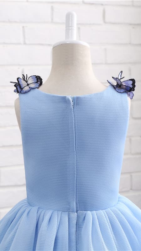 Airy A-line Blue Flower Girl Dresses Round Neck Embroidered‑Butterfly Tulle Short Gown LFNGA007