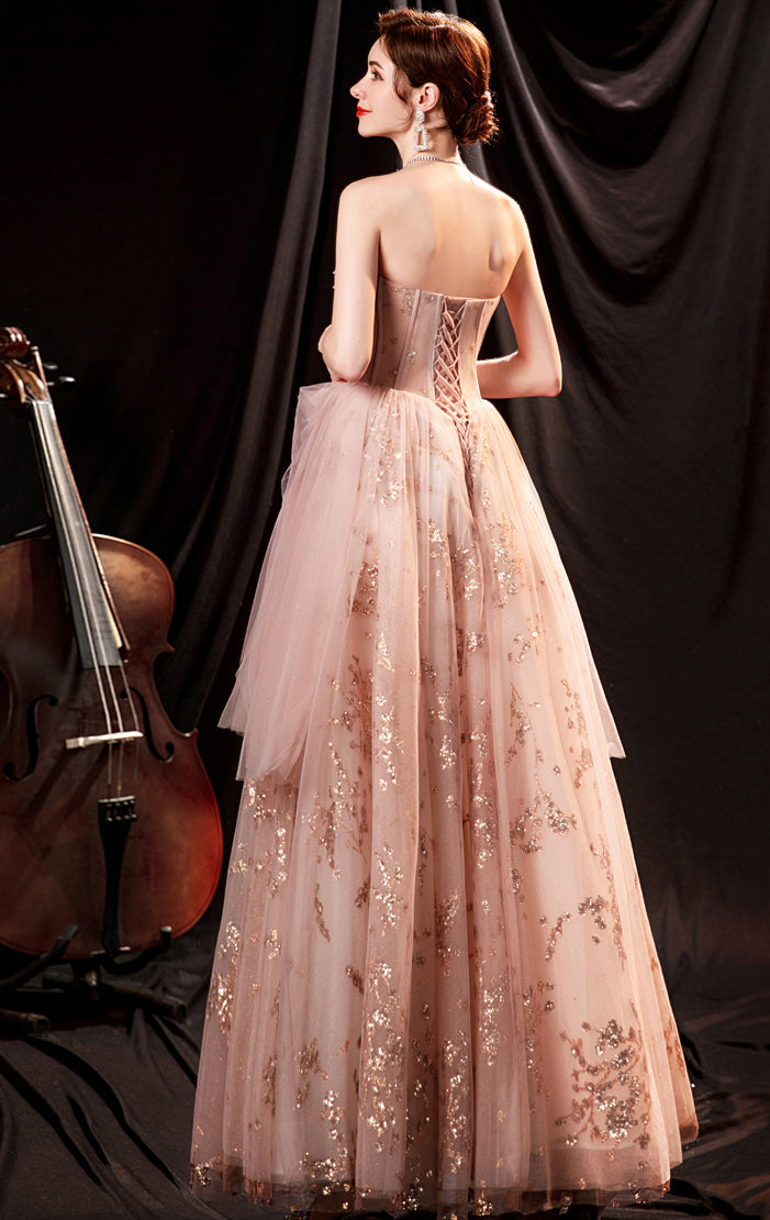 Elegant A-line Champange Evening Dress Strapless Tulle Long Formal Dress LFNC0357