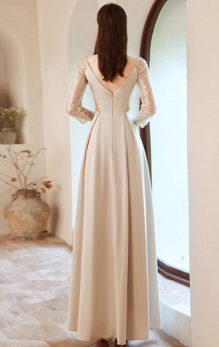 Dreamy A-line Apricot Evening Dress V Neck Satin Long Formal Dress LFNC0421