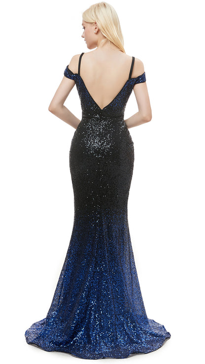 2026 Mermaid Blue Evening Dress Off the Shoulder Sequins Maxi Dress LFNL0636