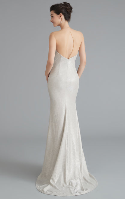 Elegant Mermaid White Evening Gowns Round Neck Sequins Maxi Dress LFNL0648