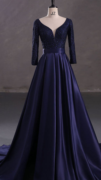 Simple A-line Blue Evening Gowns V Neck Satin & Sequins Long Formal Dress LFNG0016