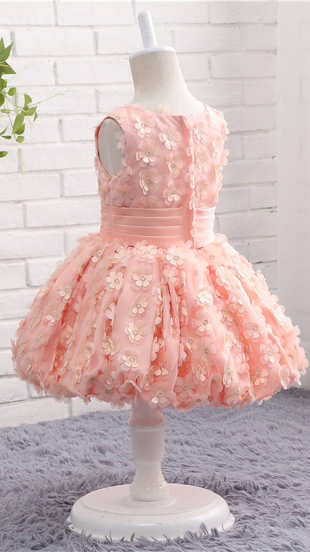 Sheer A-line Pink Flower Girl Dresses Round Neck Petal Lace Short Gown LFNGA002