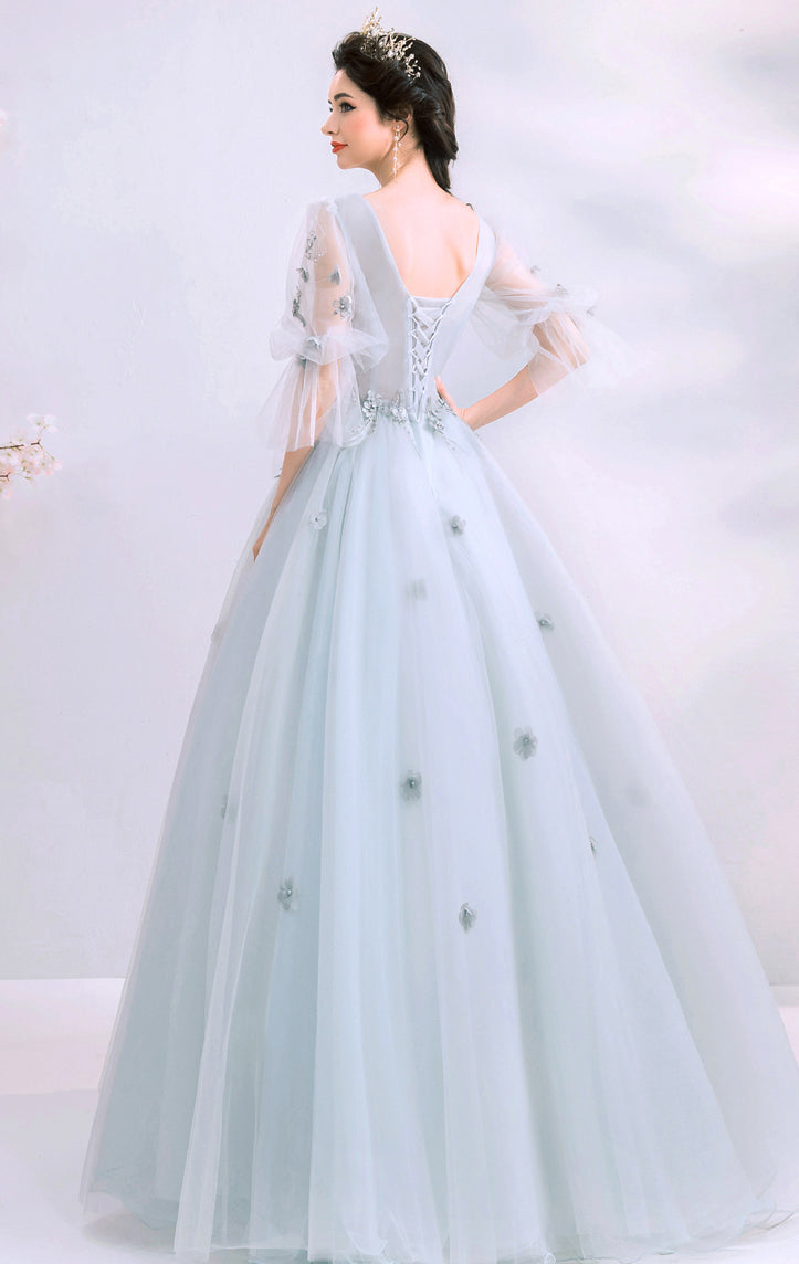 Sleek A-line Grey Evening Dress V Neck Tulle Long Formal Dress LFNL0639
