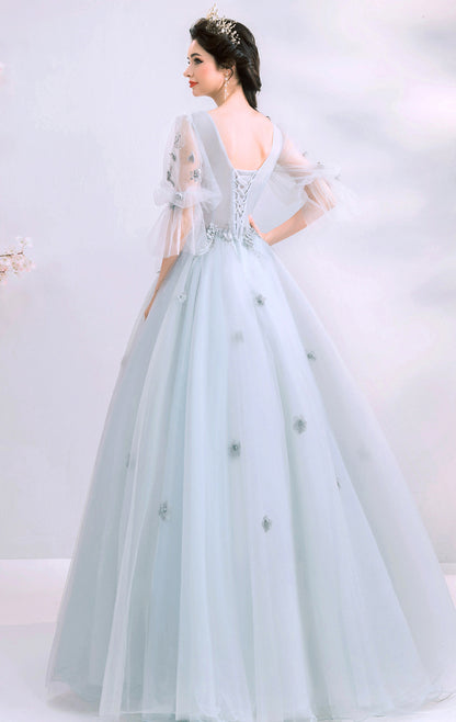 Sleek A-line Grey Evening Dress V Neck Tulle Long Formal Dress LFNL0639