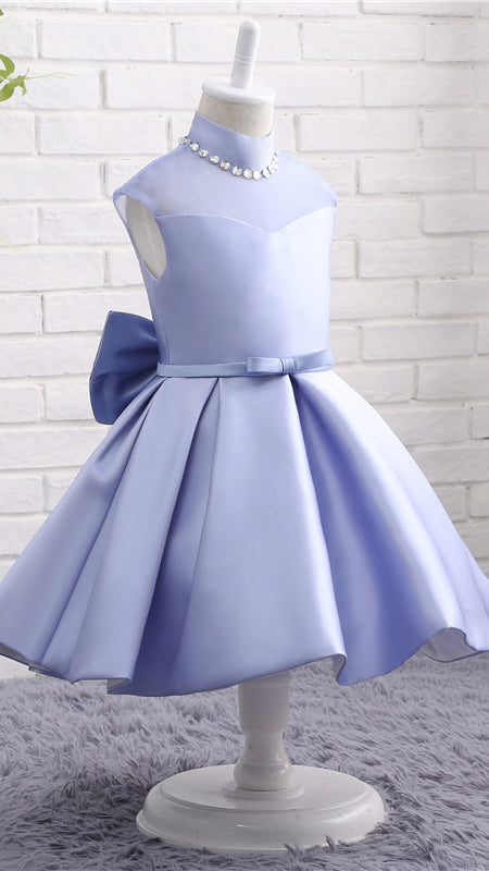 Gentle A-line Purple Flower Girl Dresses High Collar Twill Satin Short Gown LFNGA004
