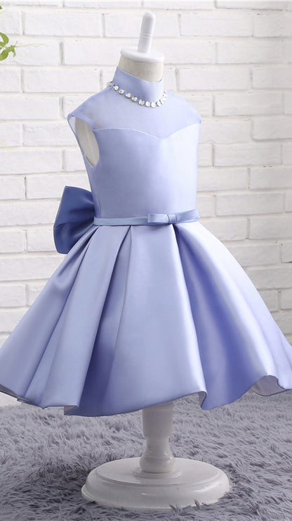 Gentle A-line Purple Flower Girl Dresses High Collar Twill Satin Short Gown LFNGA004