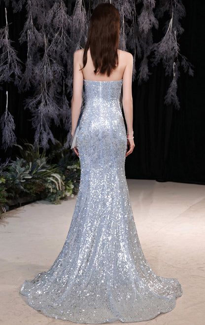 Classy Mermaid Blue Evening Dress Strapless Sequins Long Formal Dress LFNC0432