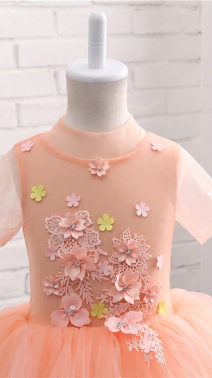 Tailored A-line Orange Flower Girl Dresses Round Neck Tulle Short Gown LFNGA006