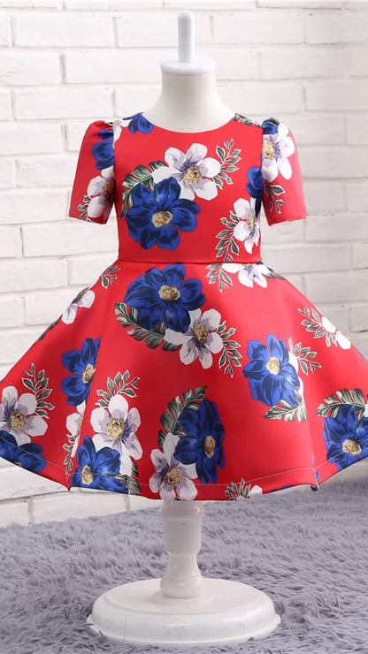 Dainty A-line Red Girl Skirt Round Neck Satin Short Gown LFNGA010