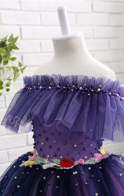 Dainty A-line Purple Flower Girl Dresses Off Shoulder Tulle Short Gown LFNGA001