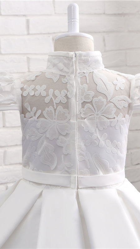 Sweet A-line White Flower Girl Dresses High Collar Lace & Satin Short Gown LFNGA008