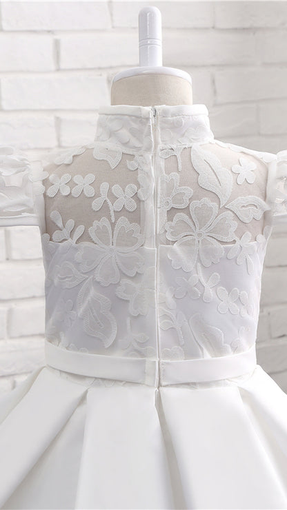 Sweet A-line White Flower Girl Dresses High Collar Lace & Satin Short Gown LFNGA008