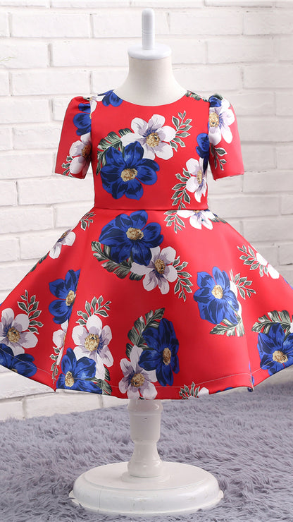 Dainty A-line Red Girl Skirt Round Neck Satin Short Gown LFNGA010