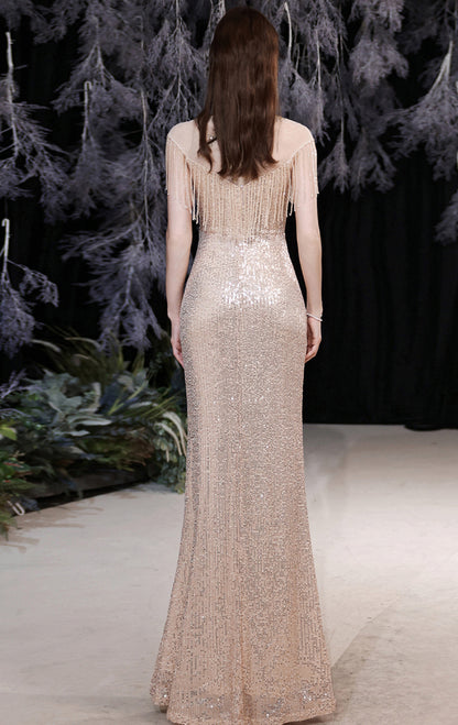 Simple Mermaid Gold Evening Dress High Collar Sequins Long Formal Dress LFNC0439