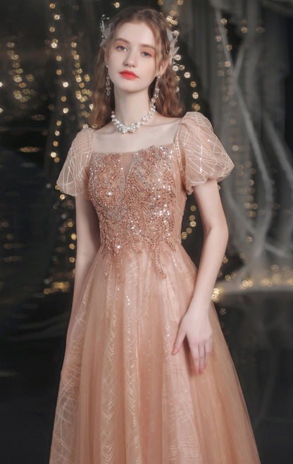 Simple A-line Gold Evening Dress Square Collar Tulle Long Formal Dress LFNC0352