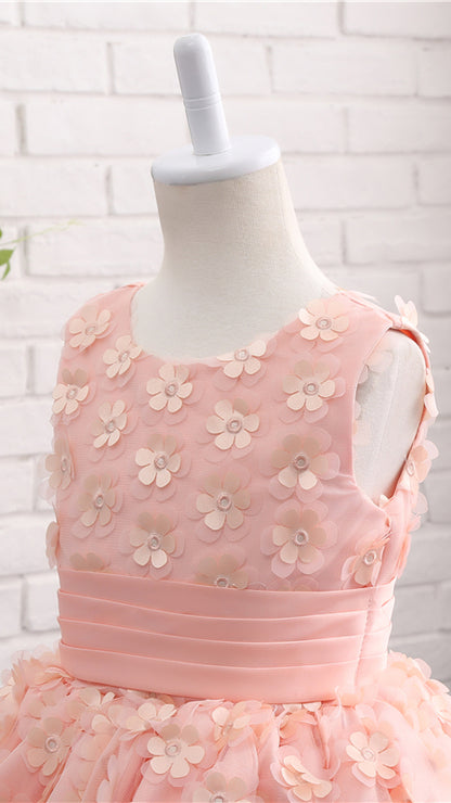 Sheer A-line Pink Flower Girl Dresses Round Neck Petal Lace Short Gown LFNGA002