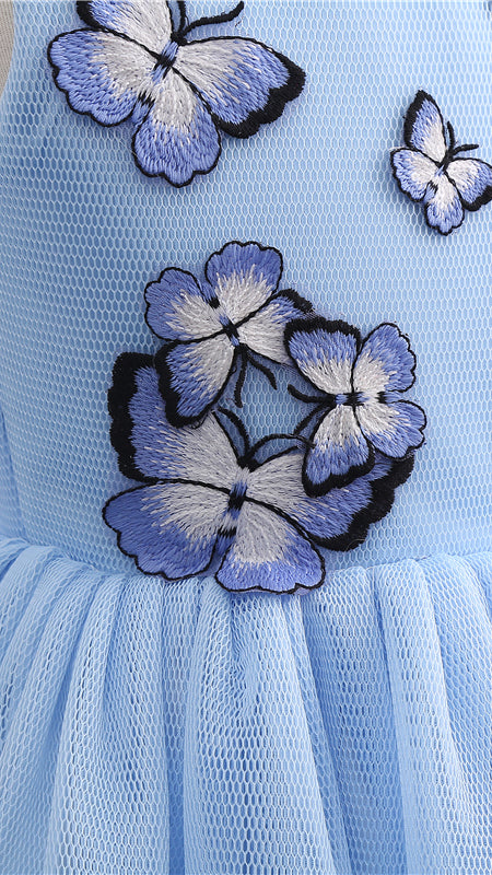 Airy A-line Blue Flower Girl Dresses Round Neck Embroidered‑Butterfly Tulle Short Gown LFNGA007