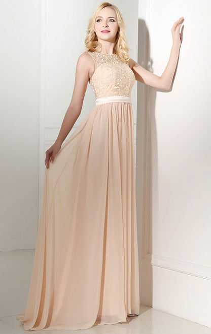 Flowy Champagne Evening Dress Round Neck Chiffon Long Formal Dress LFNL0492