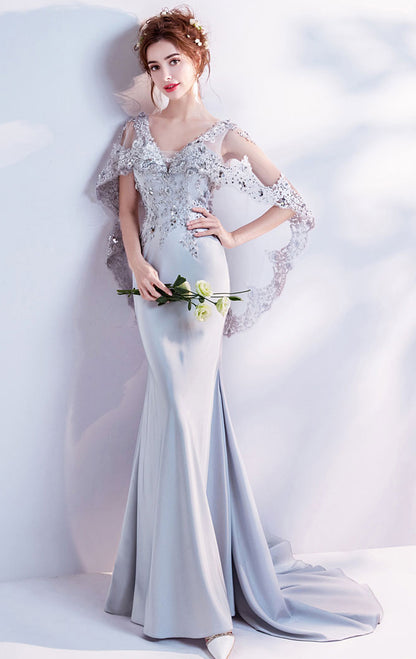 Lightweight Mermaid Grey Evening Dress V Neck Tulle Long Formal Dress LFNC0419