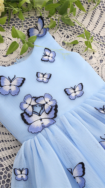 Airy A-line Blue Flower Girl Dresses Round Neck Embroidered‑Butterfly Tulle Short Gown LFNGA007