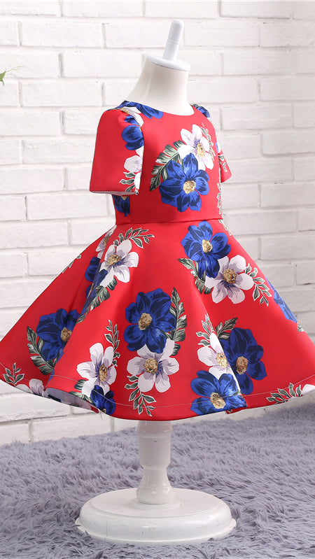 Dainty A-line Red Girl Skirt Round Neck Satin Short Gown LFNGA010