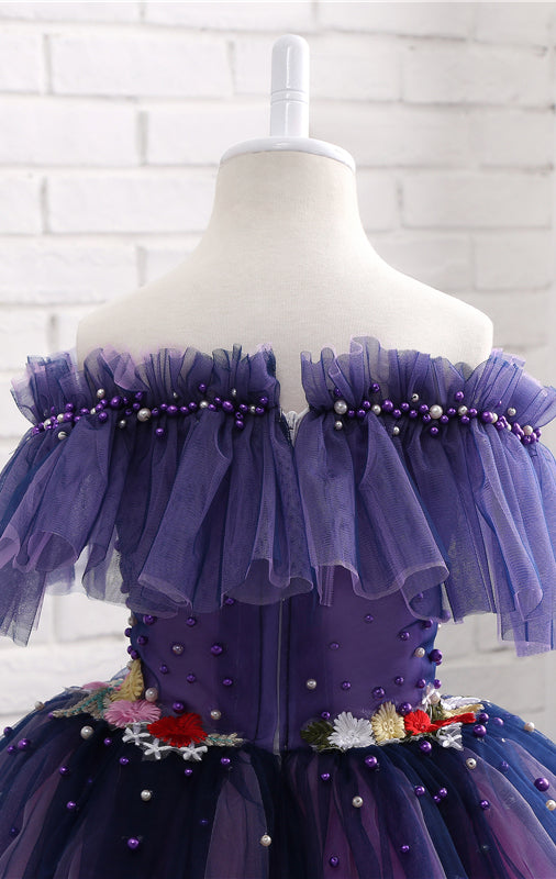Dainty A-line Purple Flower Girl Dresses Off Shoulder Tulle Short Gown LFNGA001