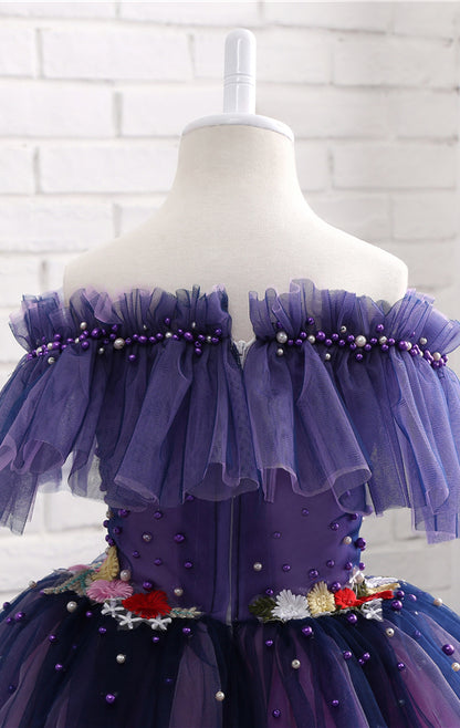 Dainty A-line Purple Flower Girl Dresses Off Shoulder Tulle Short Gown LFNGA001