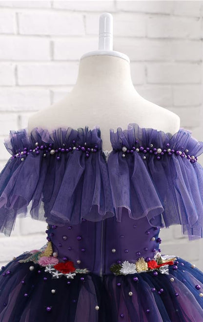 Dainty A-line Purple Flower Girl Dresses Off Shoulder Tulle Short Gown LFNGA001
