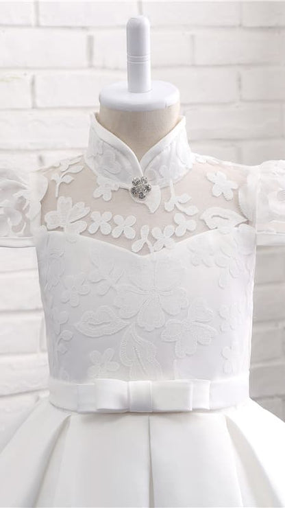 Sweet A-line White Flower Girl Dresses High Collar Lace & Satin Short Gown LFNGA008