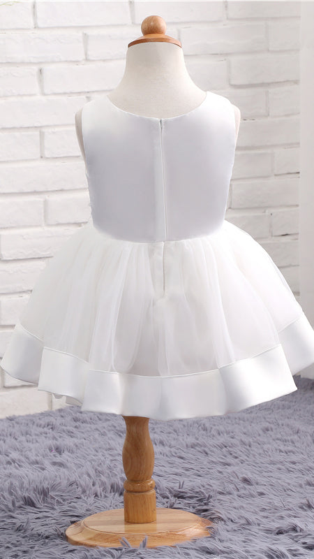 Regal A-line White Flower Girl Dresses Round Neck Tulle & Satin Short Gown LFNGA009