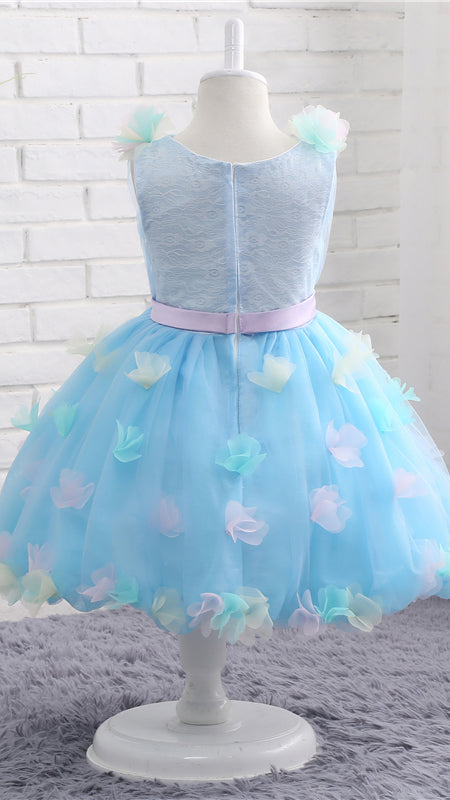 Gorgeous A-line Blue Flower Girl Dresses V Neck Embossed Tulle Short Gown LFNGA003