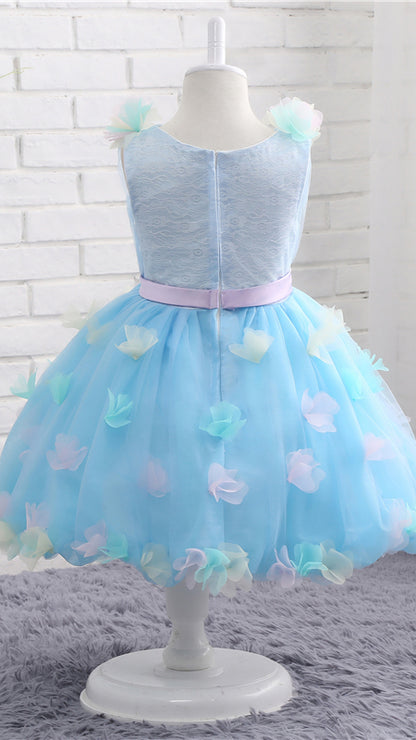 Gorgeous A-line Blue Flower Girl Dresses V Neck Embossed Tulle Short Gown LFNGA003