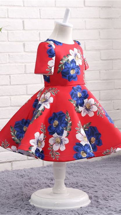 Dainty A-line Red Girl Skirt Round Neck Satin Short Gown LFNGA010