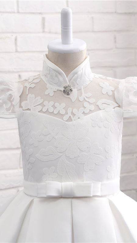 Sweet A-line White Flower Girl Dresses High Collar Lace & Satin Short Gown LFNGA008