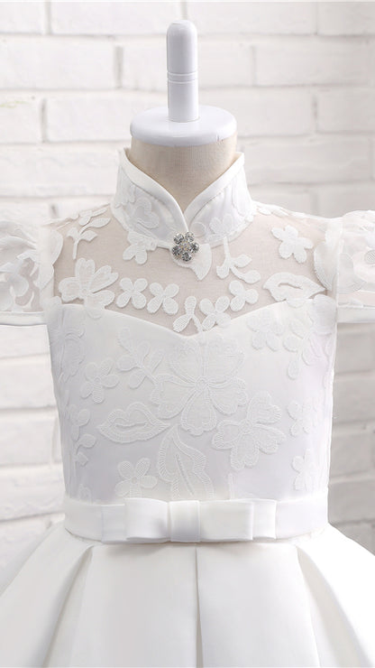 Sweet A-line White Flower Girl Dresses High Collar Lace & Satin Short Gown LFNGA008