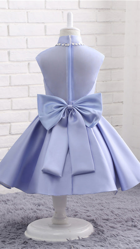 Gentle A-line Purple Flower Girl Dresses High Collar Twill Satin Short Gown LFNGA004