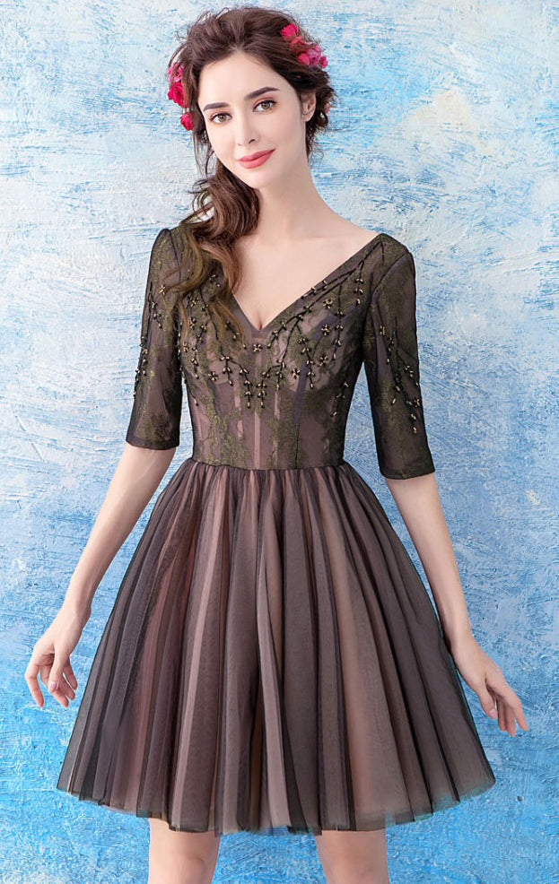 Eye-catching A-line Black Evening Dress V Neck Tulle Short Formal Dress LFNL0455