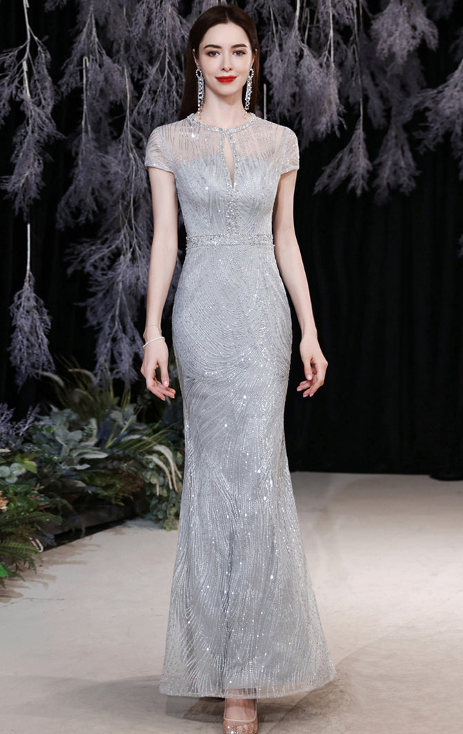Gorgeous Mermaid Grey Evening Dress Round Neck Tulle Long Formal Dress LFNC0431