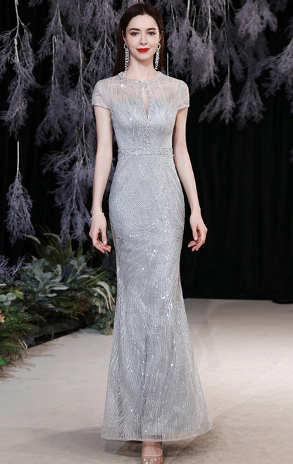 Gorgeous Mermaid Grey Evening Dress Round Neck Tulle Long Formal Dress LFNC0431