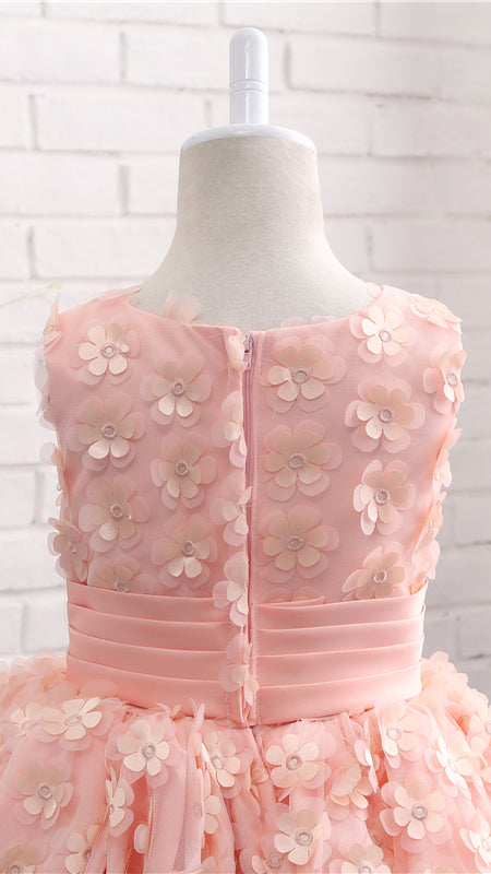 Sheer A-line Pink Flower Girl Dresses Round Neck Petal Lace Short Gown LFNGA002