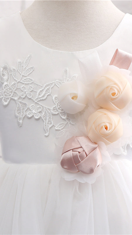 Regal A-line White Flower Girl Dresses Round Neck Tulle & Satin Short Gown LFNGA009