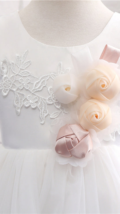 Regal A-line White Flower Girl Dresses Round Neck Tulle & Satin Short Gown LFNGA009
