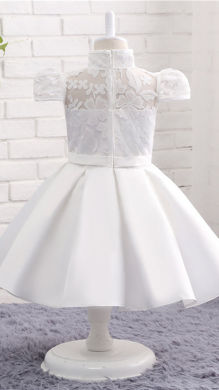 Sweet A-line White Flower Girl Dresses High Collar Lace & Satin Short Gown LFNGA008